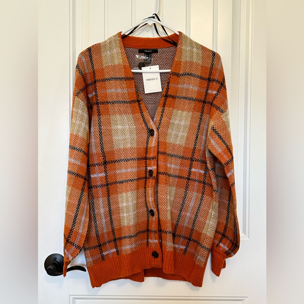 NWT, Forever 21, woman’s plaid cardigan sweater, size Small, orange plaid